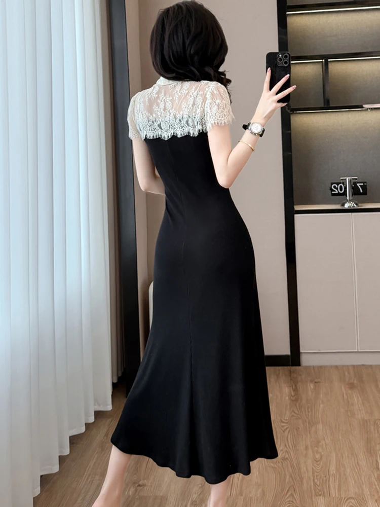 Femmes coréennes Vintage Hepburn Festival longue robe été noir Patchwork blanc dentelle robe transparente 2025 élégant moulante robe de nuit