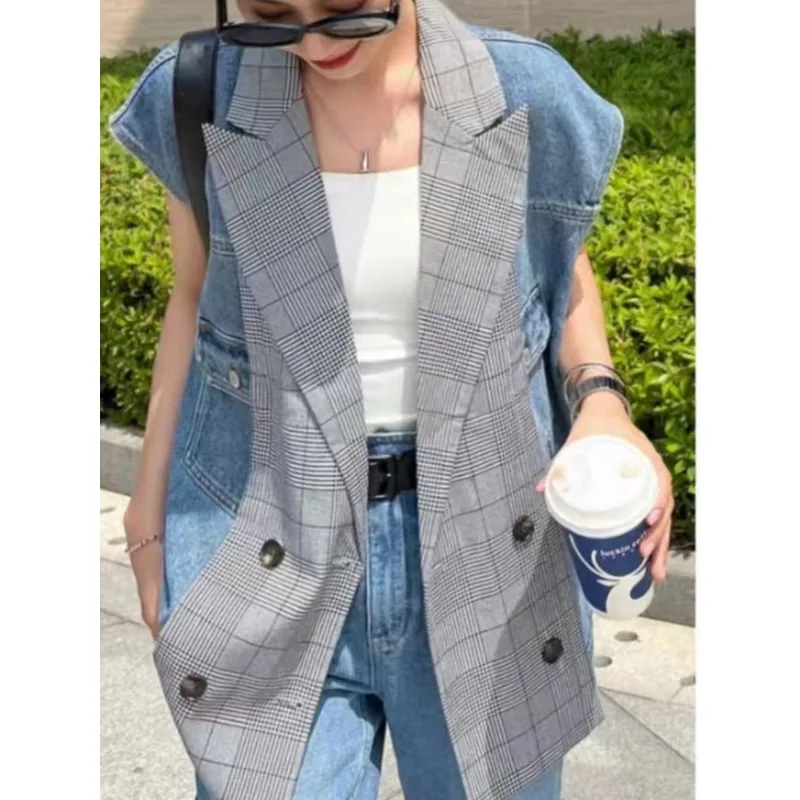 

Женские клетчатые жилеты Tinaa, куртки 2026, новинка офисной женской одежды, свободная верхняя одежда без рукавов с двубортными карманами 193921