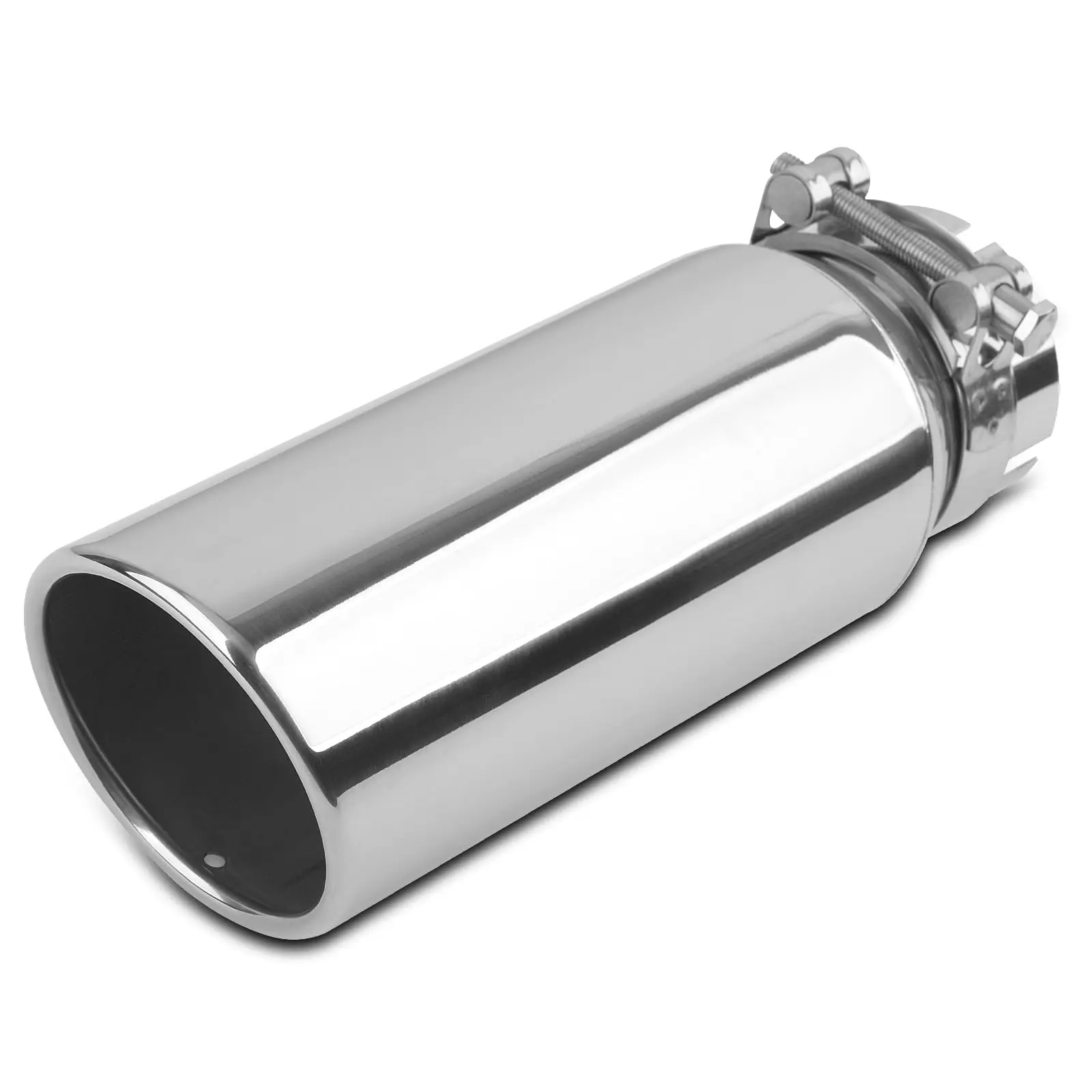 

Stainless Steel Exhaust Tip With 3 Inch Inlet, 4 Inch Outlet, 12 Inch Length, Clamp-On Design, Rolled Edge, Angled Cut,