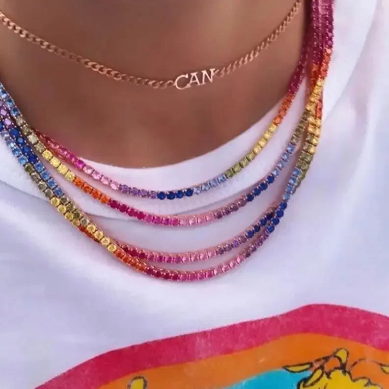 Sexy Short Sparking Rainbow Tennis Chain Chocker Necklace With 5a CZ Fashion Personality Women Collar Jewellery Bijoux Femme