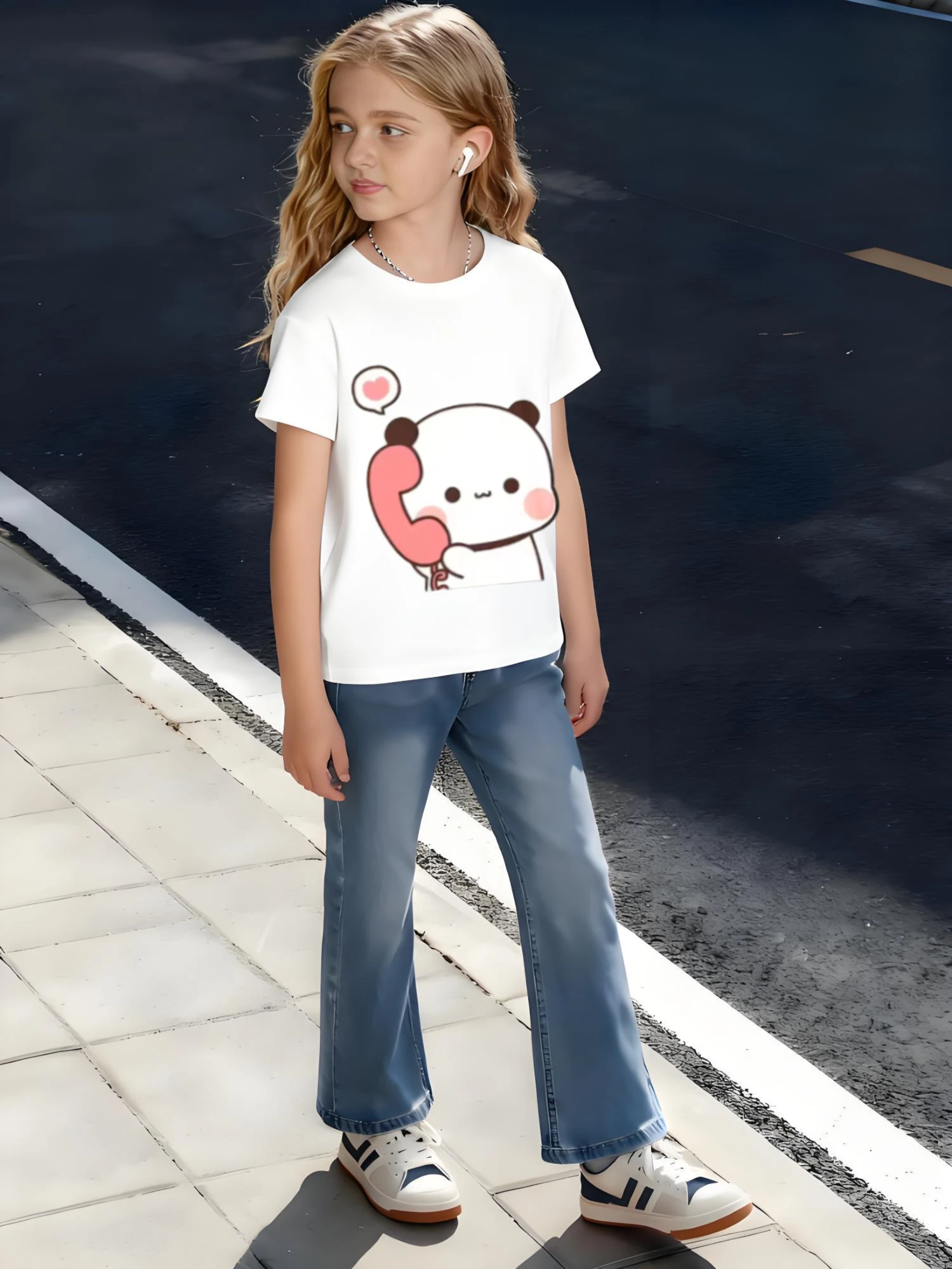 

​Kids Children's Cotton T-Shirt Panda Holding Telephone with Heart Bubble Cute Animal Graphic for Boys Girls Sweet Communication