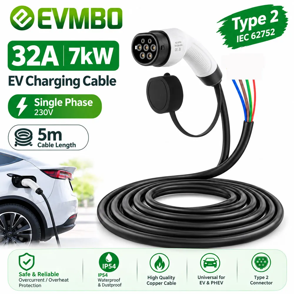 EVMBO 32A 7kW 22kW Electric Vehicle Type 2 Charging Cable to Open End 3 phase Wallbox Replacement Cable 5m 7m