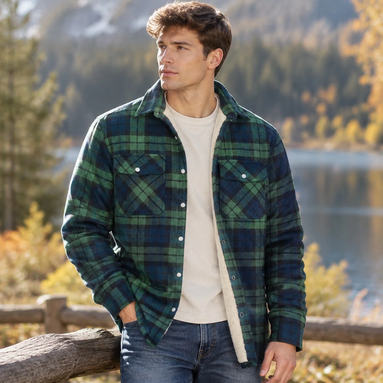 Plaid Casual Loose Fit Jacket with Turn Down Collar Checkered Long Sleeve Notched Lapel Single Breasted Printed Men Jacket