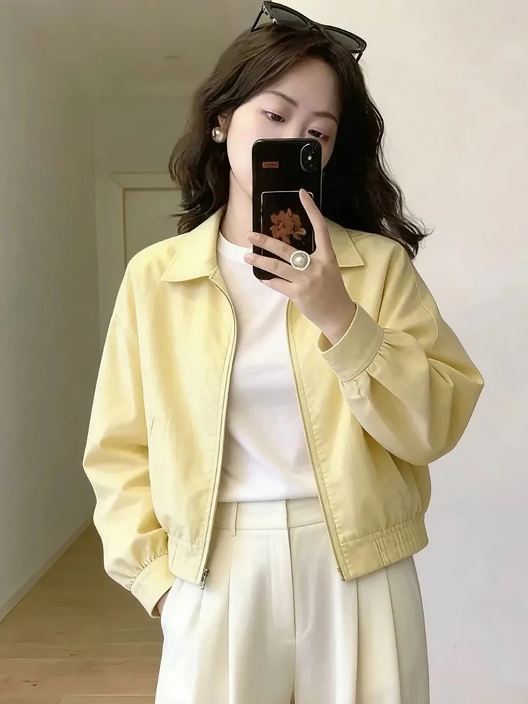 Fall Sweet Jacket Women Preppy Style Long Sleeve Cute Yellow Short Coat Fall Fashion Pockets Zipper Female Baseball Tops Ins New