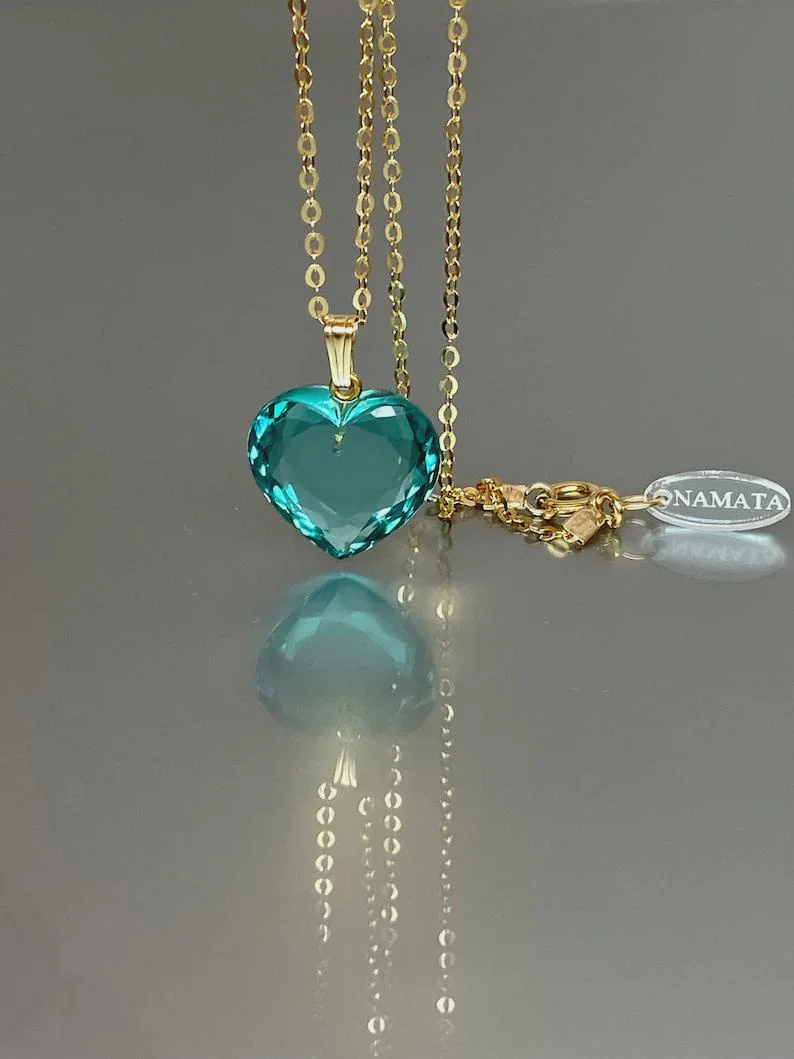 14K Gold Paraiba Tourmaline Heart Necklace, Heart Pendant Necklace, Paraiba Tourmaline Jewelry Gift For Her.