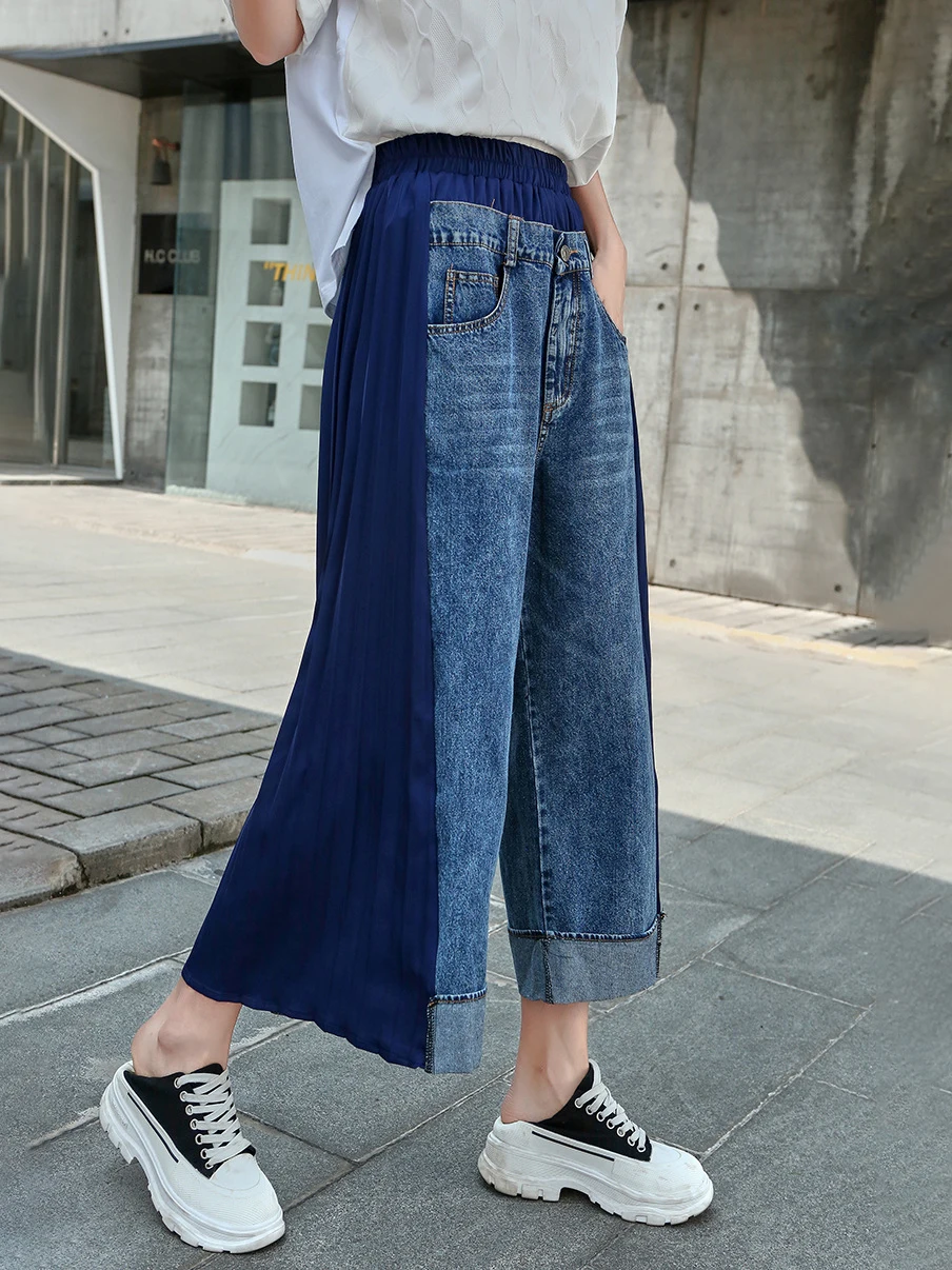 220528 Streetwear Style Fashion Elastic Waist Denim Stitched Pleated Chiffon Wide Leg Pants Loose Female Autunmn