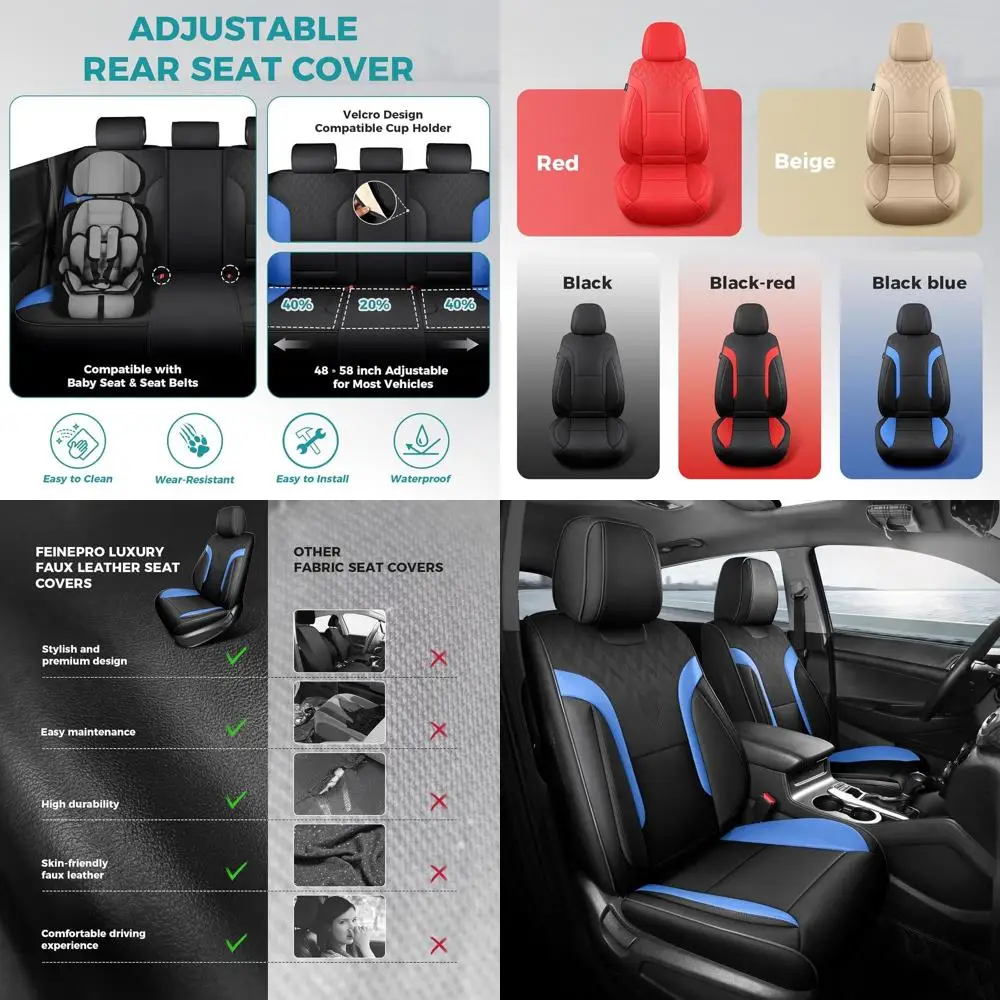 

Black and Blue Car Seat Covers Full Set - Breathable Faux Leather Universal 5 Seat Covers for Cars, Automotive Protector Fit for