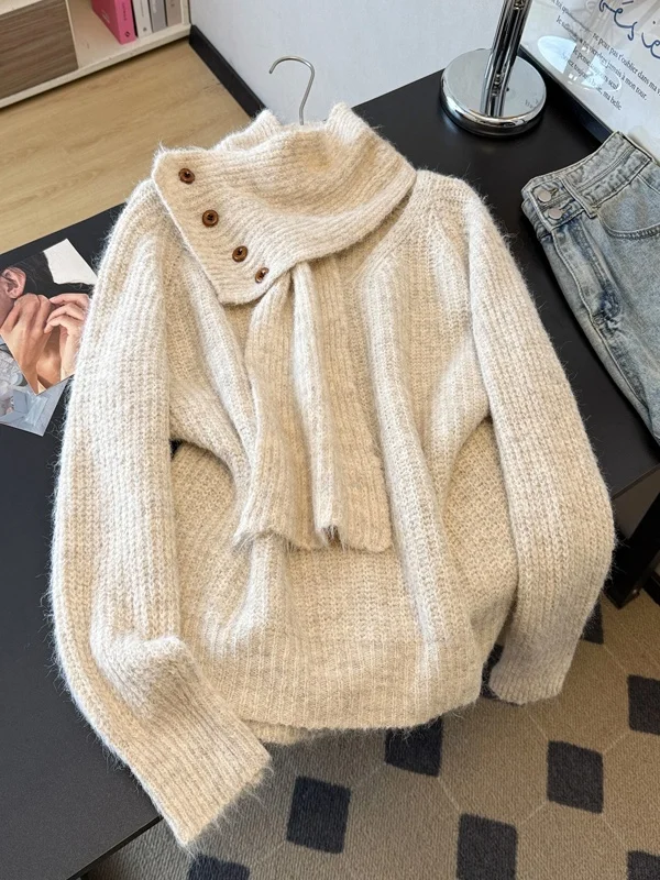 

Sli Thiened Knitted Sweater Women's Faionable Winter Warm Top with Scarf Lazy Aosphere Commute Sle Long Sve V-...