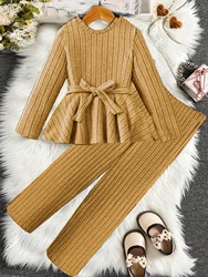 Two Piece Set  Girls' Set Winter Long Sleeved Casual Ruffle Edge Skirt For Girls' Clothing Wide Leg Pants For Big Boys Versatile