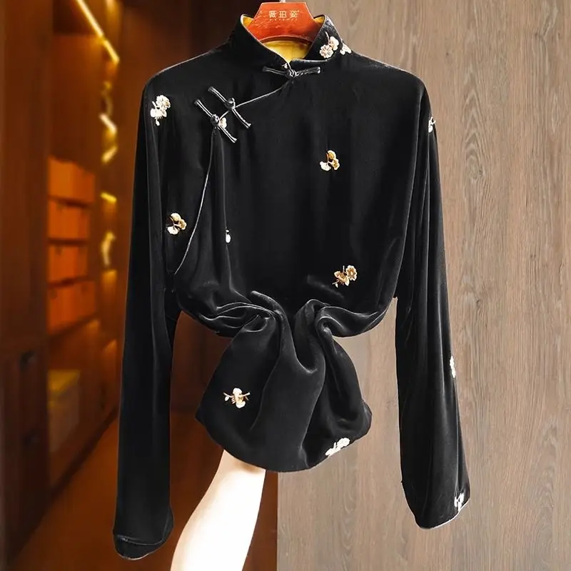 Vintage Lady Shirt Embroidered Velvet High Neck Long Sleeve Chinese Style Modified Cheongsam Top Sexy Elegant Women's Clothing