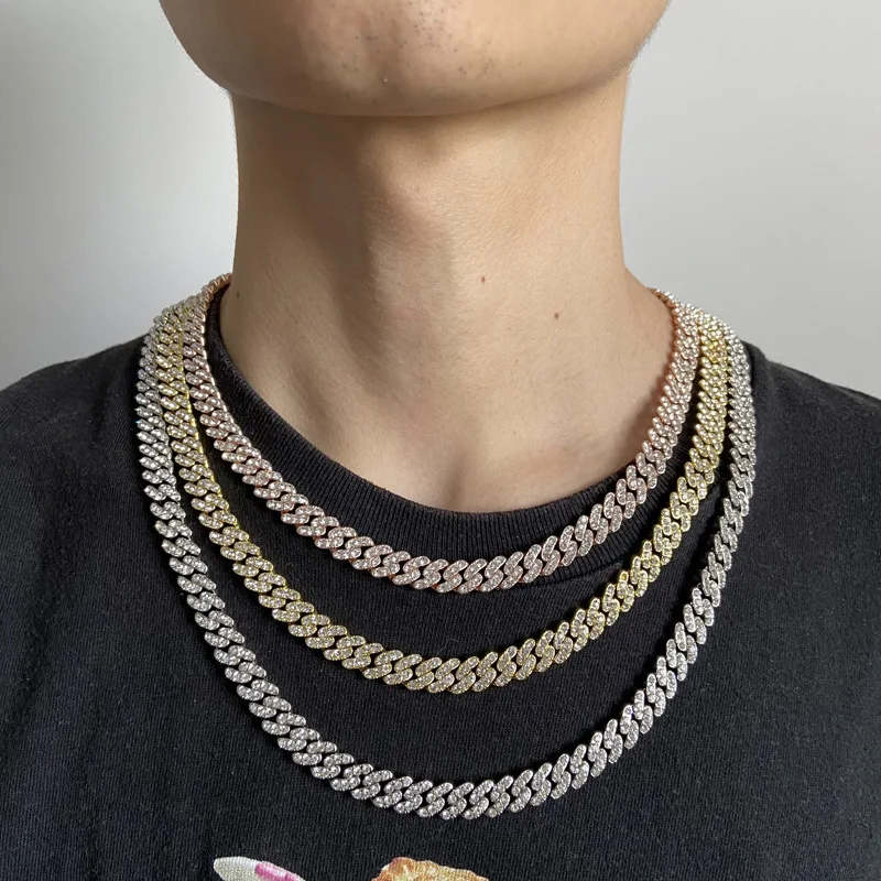 

99 mm AAA rhinestone 8 18 20 22 24 inches zinc alloy solid choker chunky pvd plated necklace hip hop iced out cuban link chain