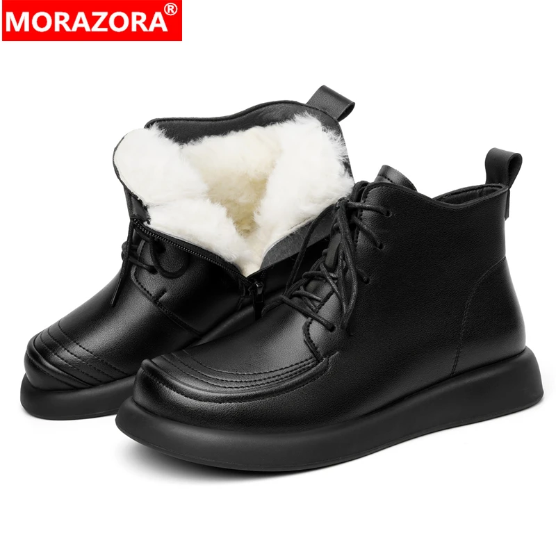 

MORAZORA Size 35-42 New Winter Boots Women Lace Up Zipper Black Platform Thick Fur Nature Wool Warm Snow Boots Black Ankle Boots