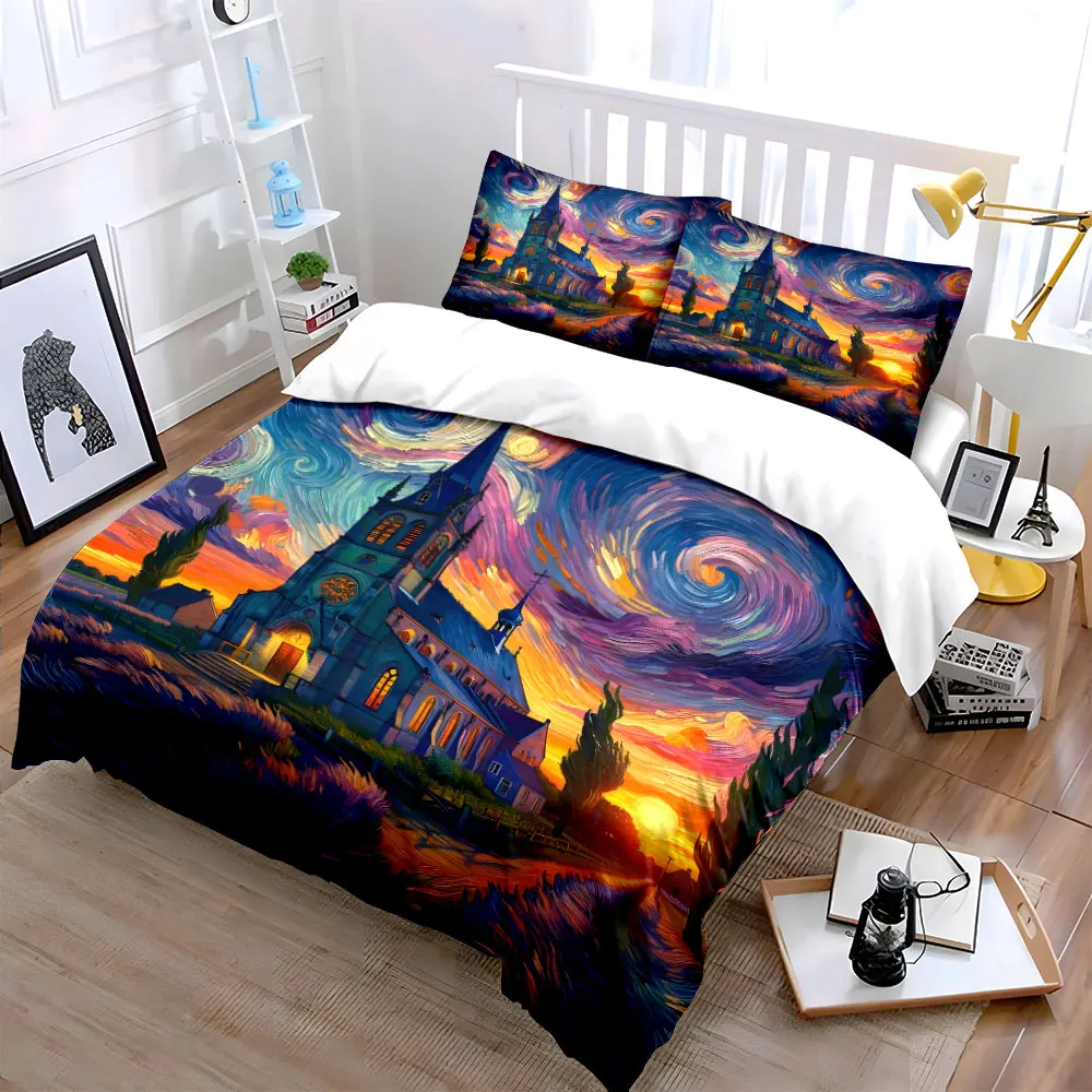 

"Colorful Church Sunset Scene Set" kid's and adults' bedroom decor, Exquisite three-piece bedding set gift