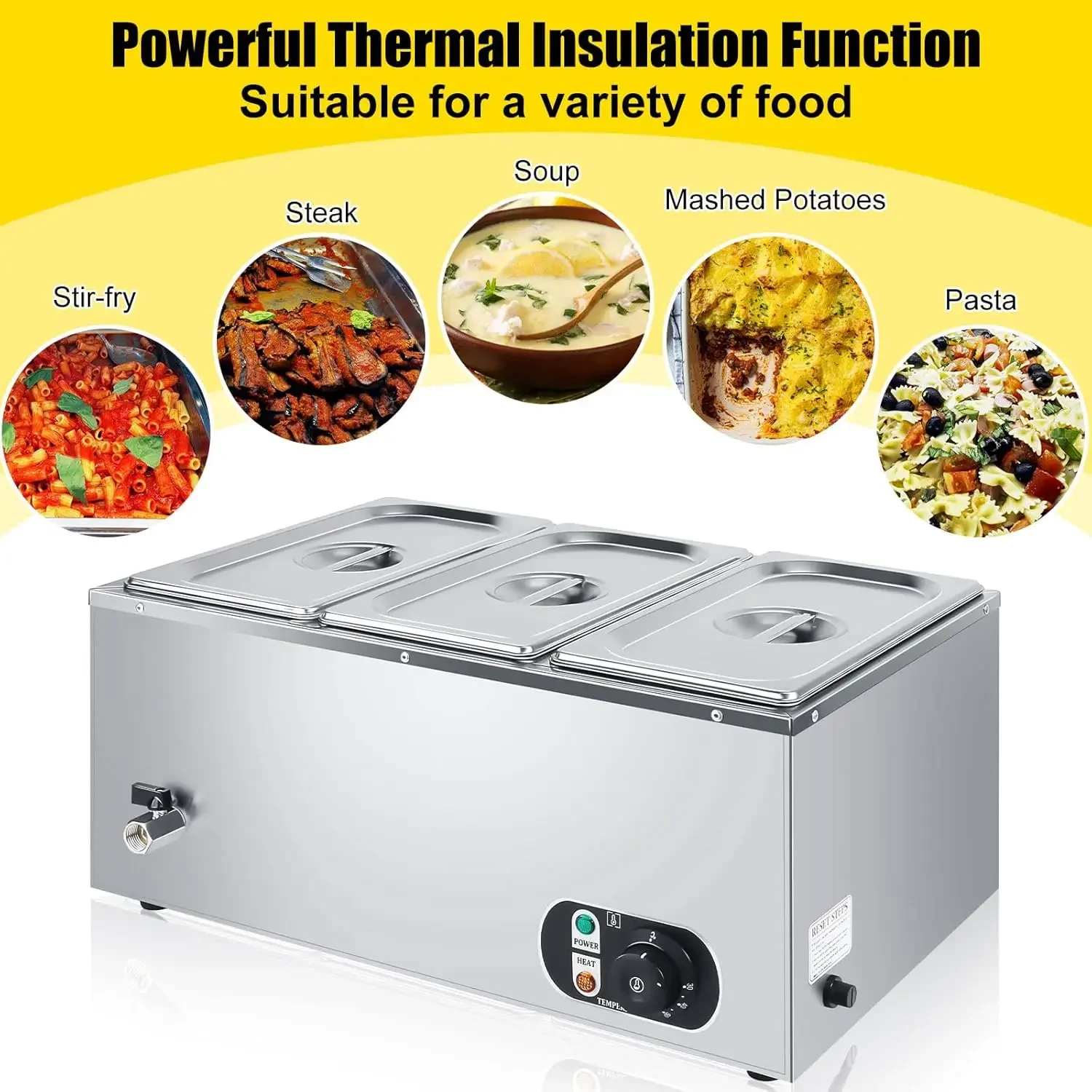 Electric Commercial Food Warmer 110V Buffet Food Warmer Stainless Steel Electric Countertop Steamer with Temperature Control