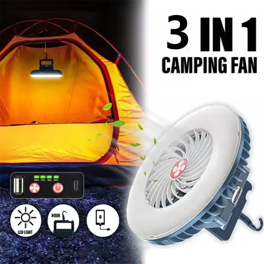 Multifunction Waterproof Rechargeable Fan Camping Light Outdoor Tent Lamp Fishing Hiking Fan Lamp Portable Emergency Night Light