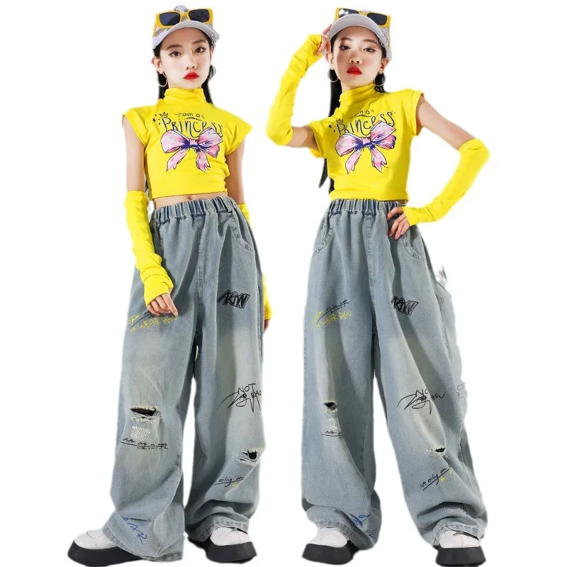 힙합 소녀용 옐로우 크롭탑, 찢어진 청바지, 스트릿 댄스 스커트, 키즈 스트릿웨어, 아동 재즈 걸그룹 의상, K팝 의상 세트