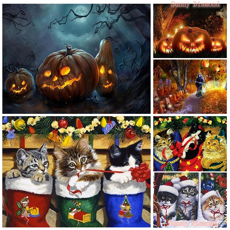 

5D Diamond Painting Puzzle Diy Halloween Scary Pumpkin Mosaic Stitch Kits Christmas Cat Full Drill Rhinestone Embroidery Cuadro