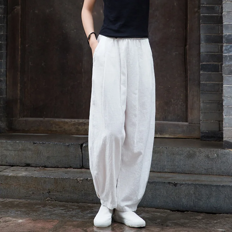 

Женские хлопковые льняные брюки с эластичной талией, однотонные, весенне-летние, винтажные, свободные, прямые, фасона «фонарики»