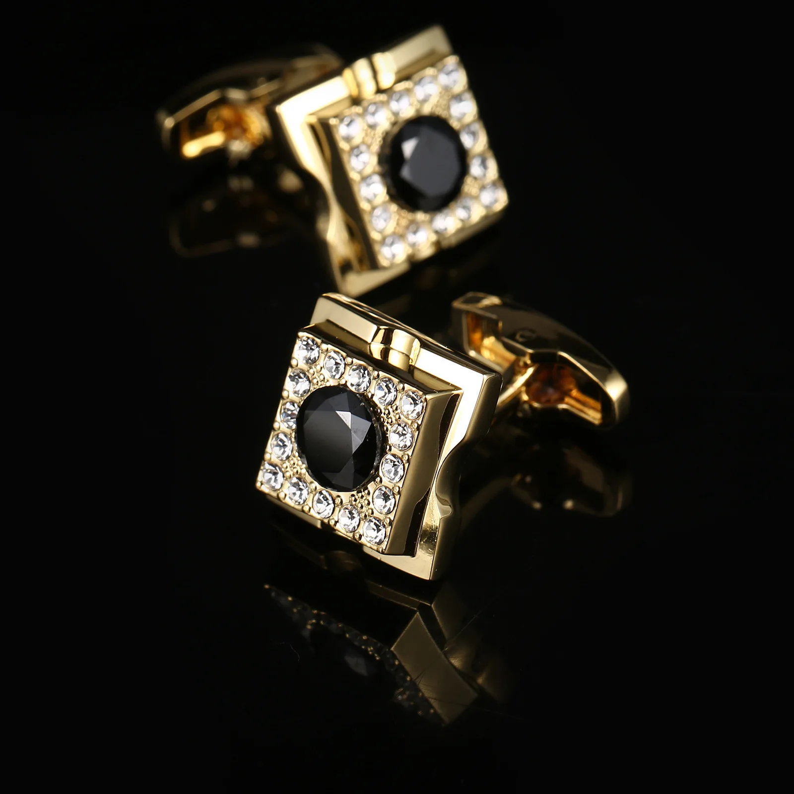 Boutons de manchette carrés de luxe pour hommes, cristal noir et or, chemise de costume, manchette de haute qualité, mode mariage, cadeau de marié, accessoires bijoux