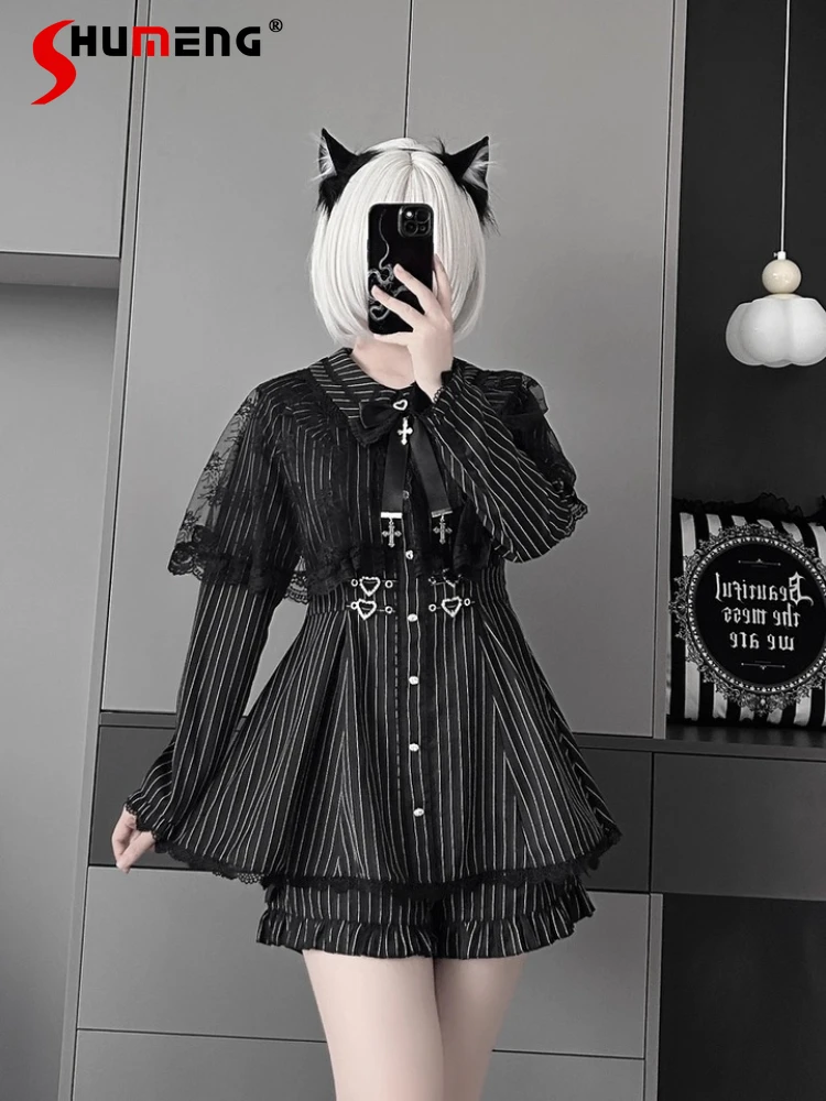 

Japanese Mine Style Subculture Y2k Dress Set Lace Cape Long Sleeve Black Striped Dress High Waist Shorts Two-piece Set for Women