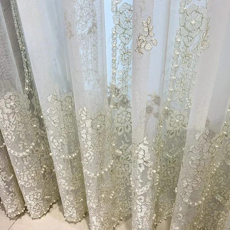 

French Romantic Girl Lace Opaque Pearl Embroidered Lace White Screen Curtains for Living Room Bedroom Partition Decoration