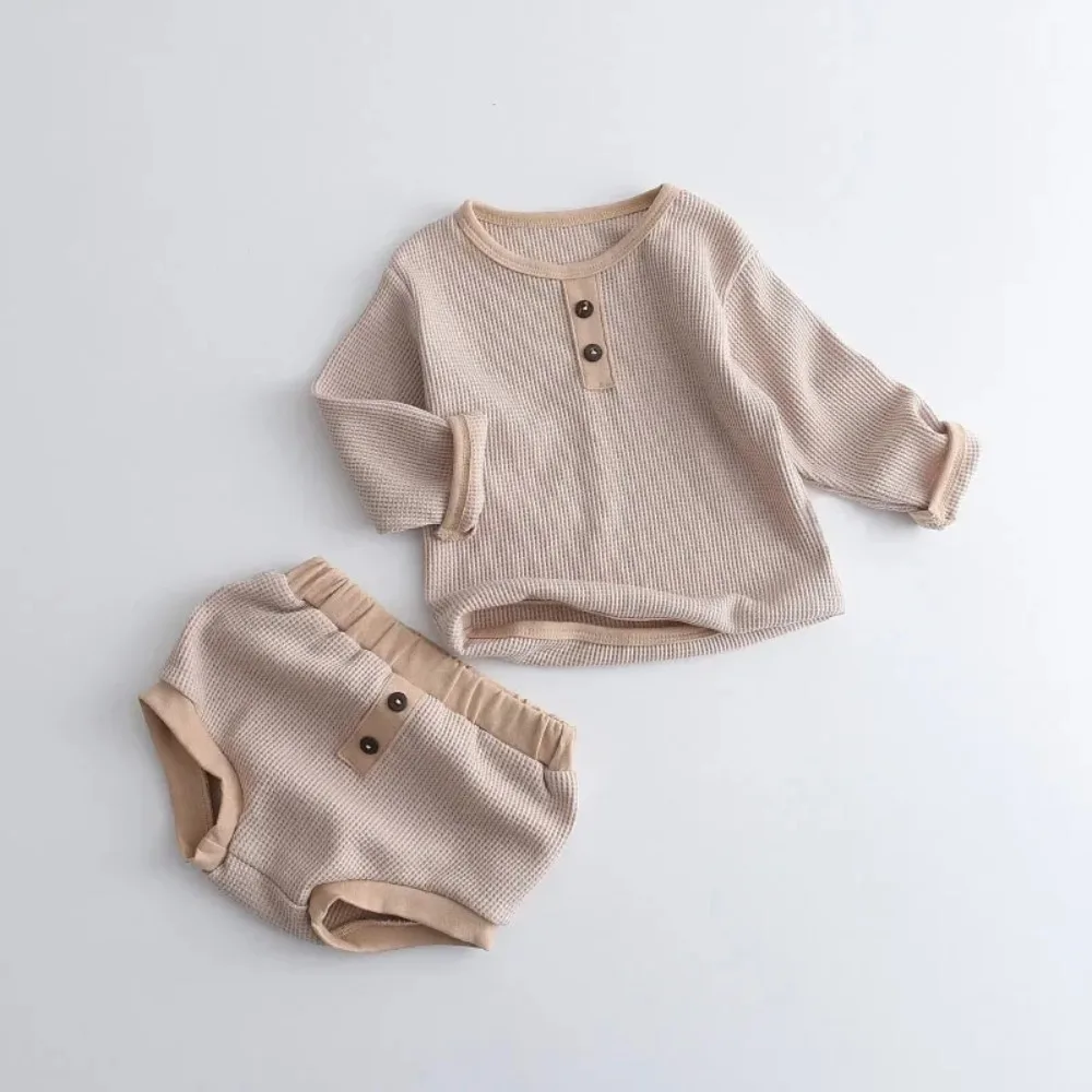 Boys and Girls Spring and Autumn Solid Color Suit Organic Cotton Round Neck Long Sleeve Top+PP Shorts 2-piece Set 0-2Y Baby