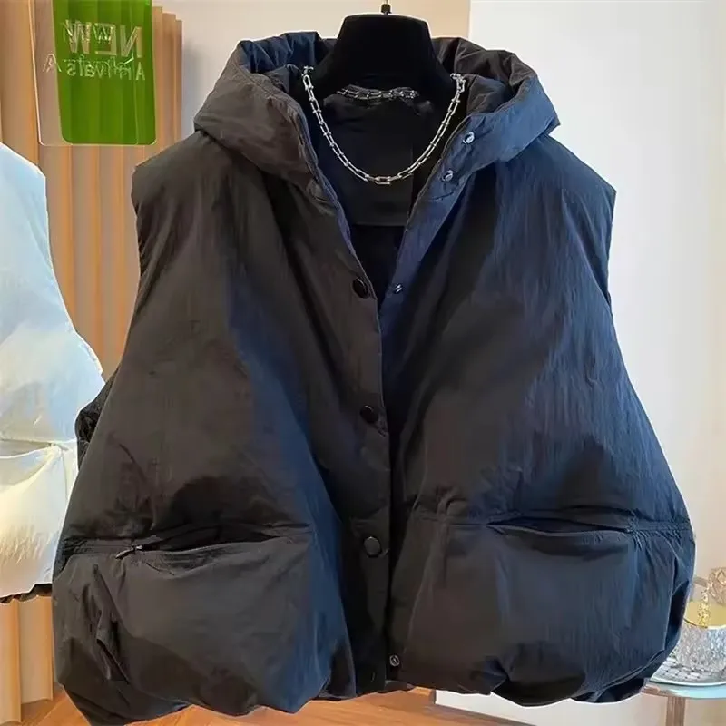 2026 New Chic Hooded Down Vest Jakcet Women Autumn Winter Warm Short Waistcoats Ladies Female Loose Warm Sleeveless Outwear