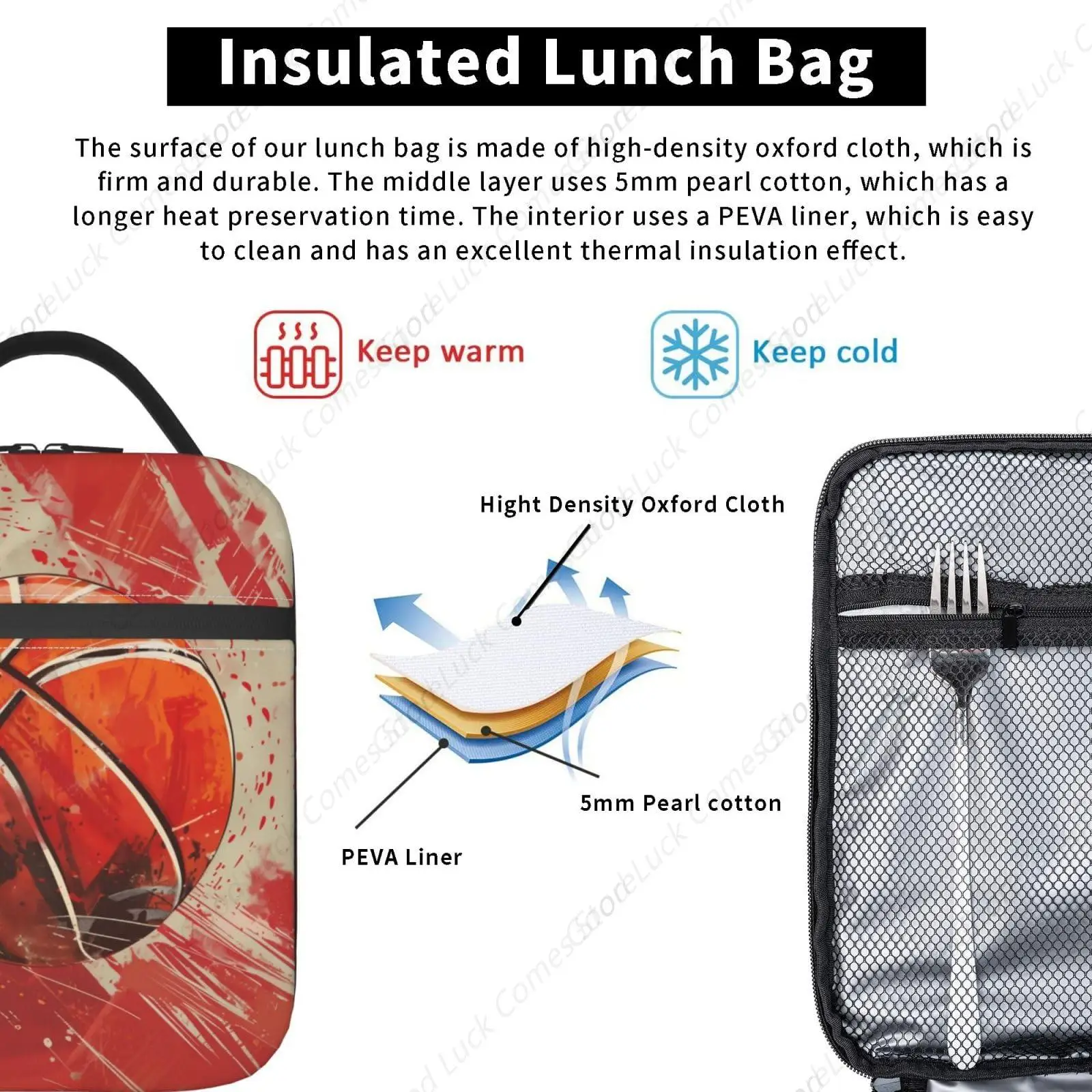 صندوق غداء معزول للأولاد والبنات وحقيبة غداء لكرة السلة للأطفال للعمل أو النزهة والمدرسة والسفر والمشي لمسافات طويلة أو الشاطئ أو صيد الأسماك من البوليستر #6
