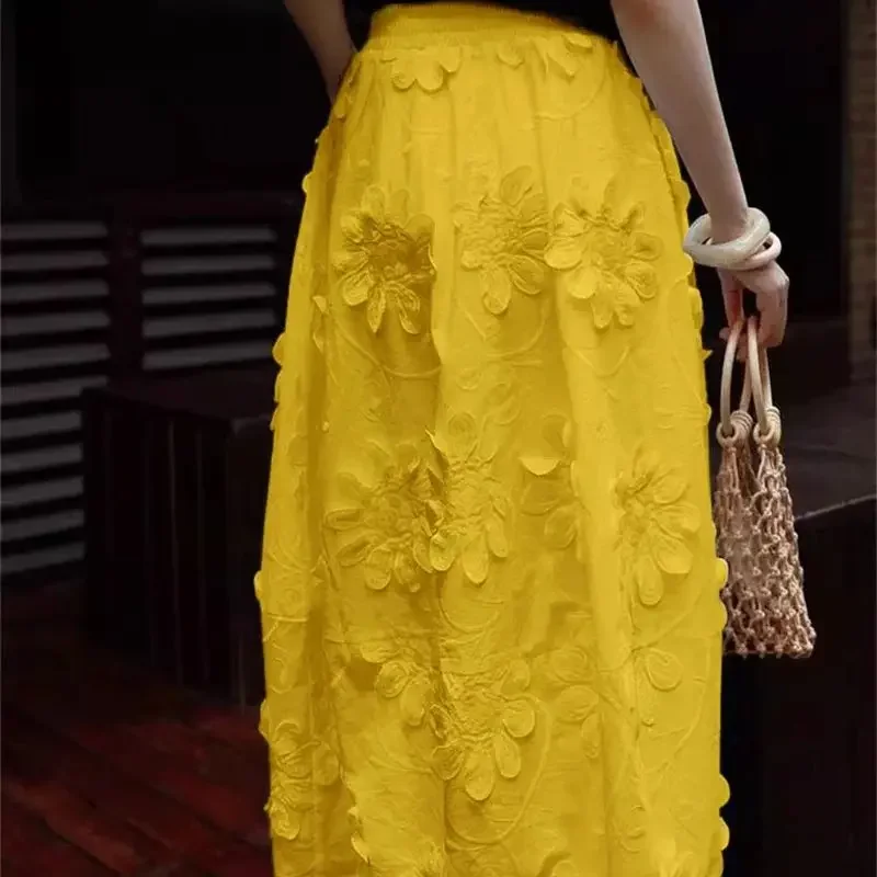 ฤดูร้อนใหม่ 3D ดอกไม้กระโปรงผู้หญิงแฟชั่นเอวสูง A-Line Midi กระโปรง Retro ยาว Faldas Mujer สีทึบ Elegant Jupe