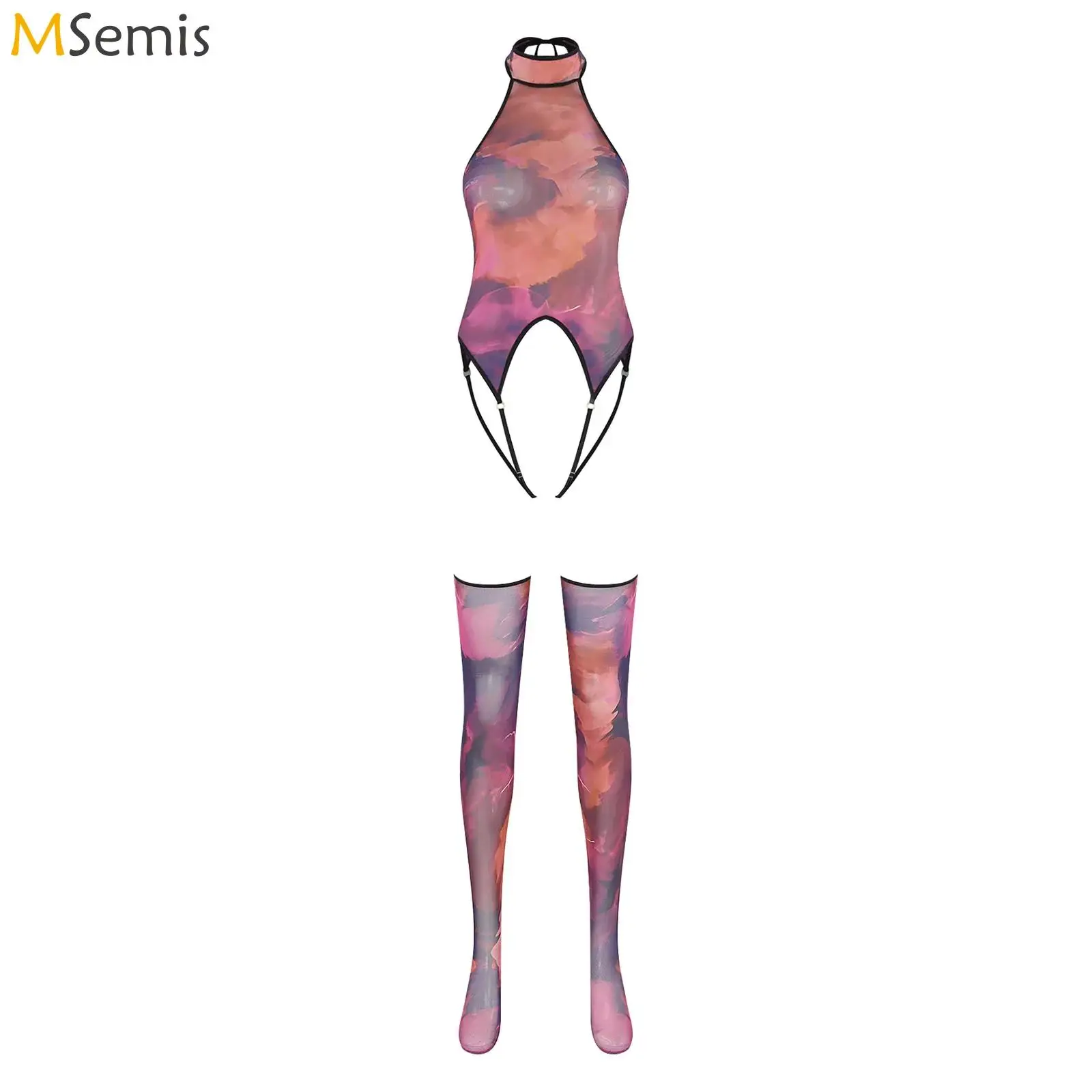 

Womens Lingerie See Through Hollow-out T-Back Thong Open Crotch Bodysuit One Piece Alluring Sheer Crotchless Bodysuit Nightwear