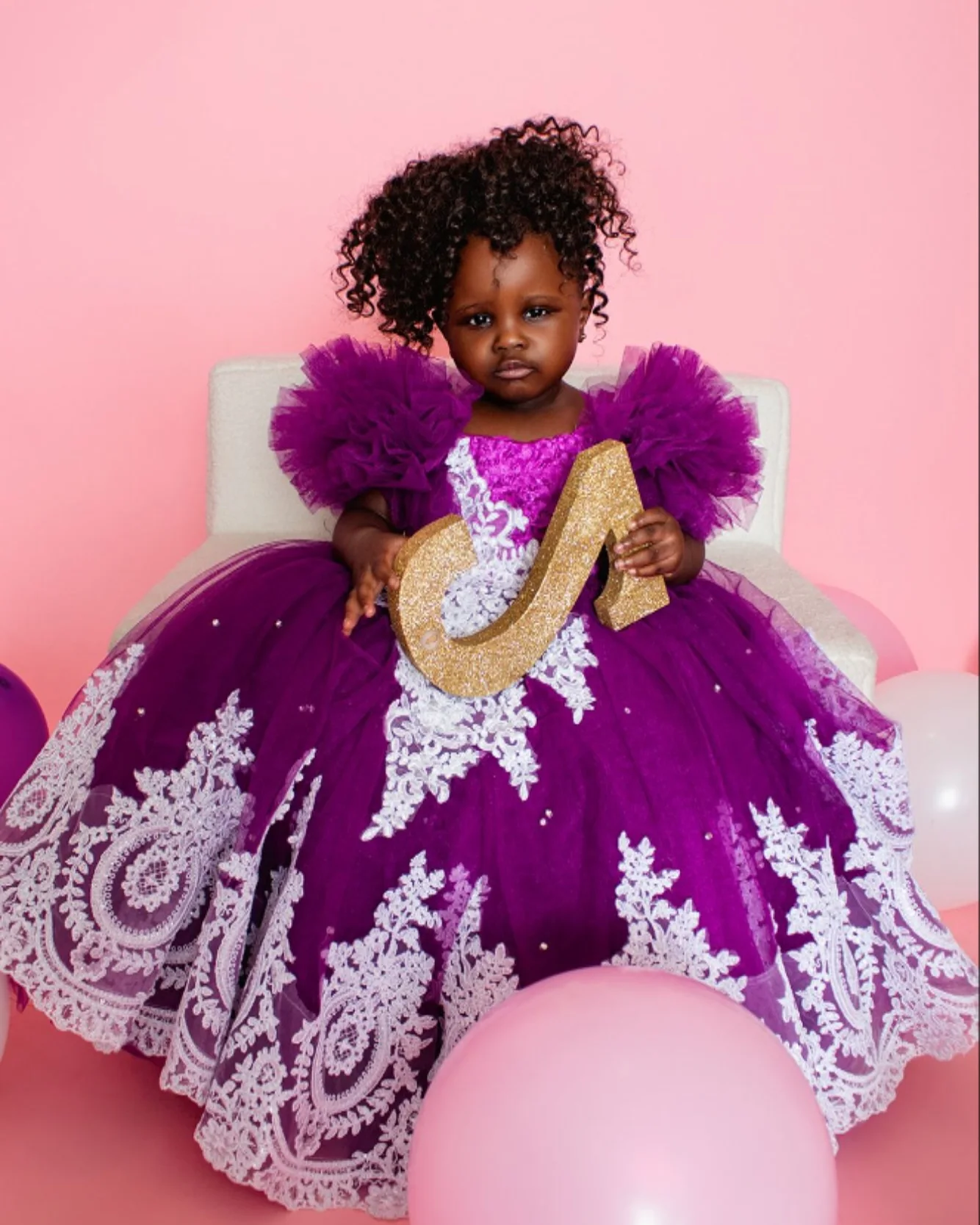 Purple Flower Girl Dress For Wedding Princess Pleated Tulle Puffy Applique Lace Cute Kids Baby Birthday Party Dress Ball Gown