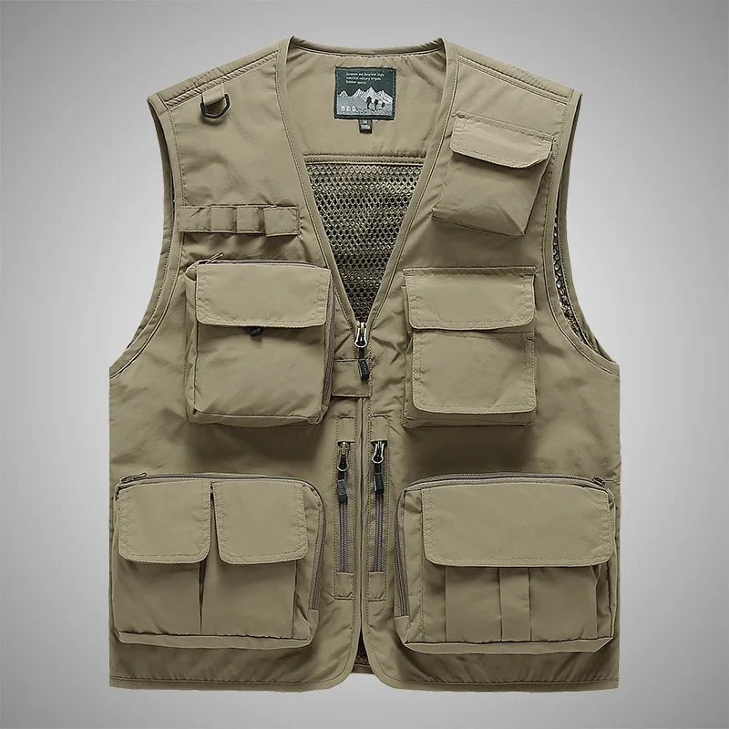 FGKKS Men\'s Vest Multi-Pocket Thin Trend Mesh Breathable Detachable Waistcoat Outdoor Mountaineering Fishing Casual Vest Male