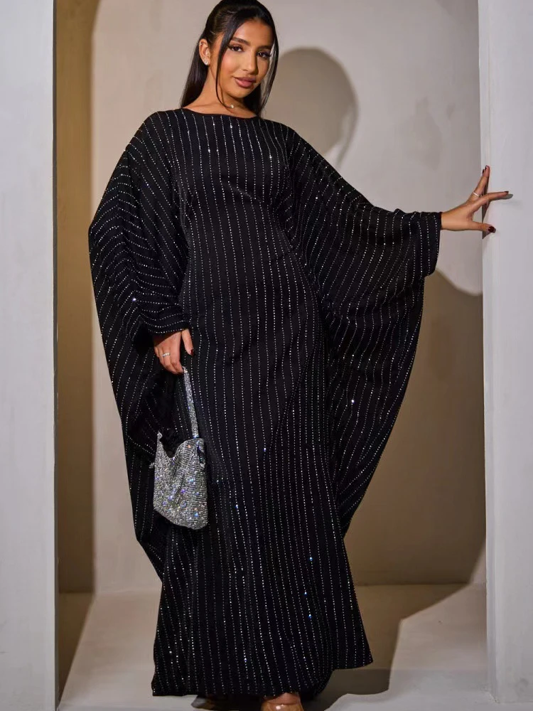 Dubai Women Party Dress Diamond Abaya Eid Muslim Caftan Robe Bat Sleeve Jalabiya Ramadan Morocco Kaftan Vestidos Largos 2025