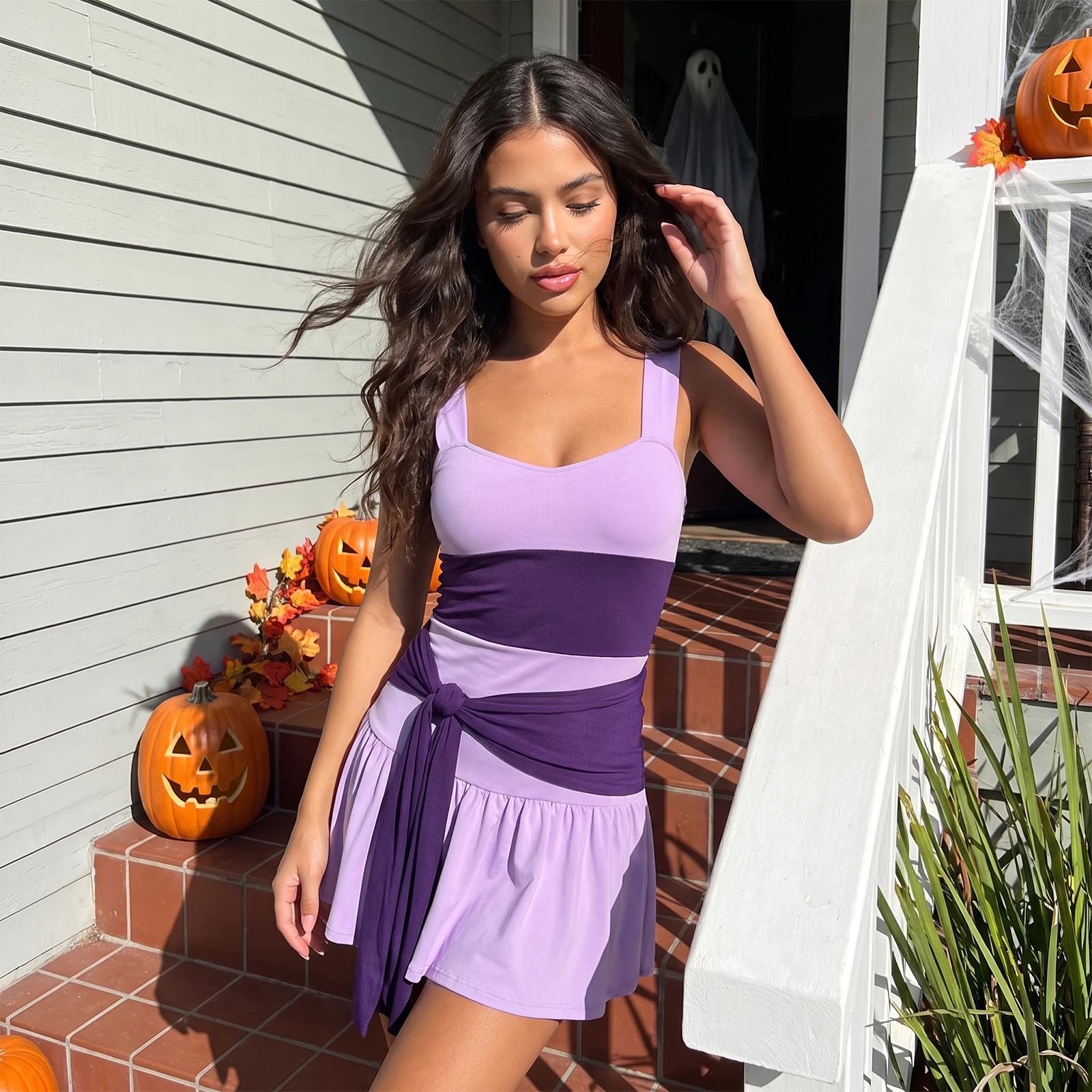Women's Sleeveless Mini Cami Dress Wide Straps Patchwork Loose Fit Dress with Dark Purple Sash  Halloween Cosplay Costumes