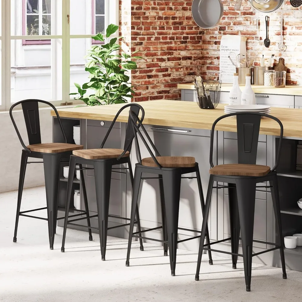 30" Swivel Metal Bar Stools Set of 4 Bar Height Barstools Industrial High Back Bar Chairs with Large Wooden Seat Matte Black