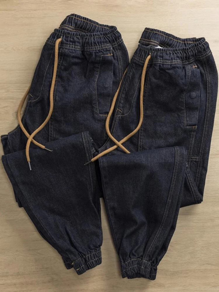 

Повседневные синие джинсы Thi тканые мужские с эластичной резинкой на талии, прямые брюки, свободные брюки с манжетами Харлан, весенне-осенние износостойкие