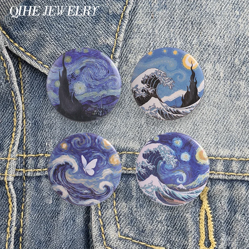 Pin de botón de hojalata con diseño de la Noche Estrellada de Van Gogh y la Gran Ola, pintura al óleo Ukiyo-e, broche de metal, insignia de solapa, regalos de joyería