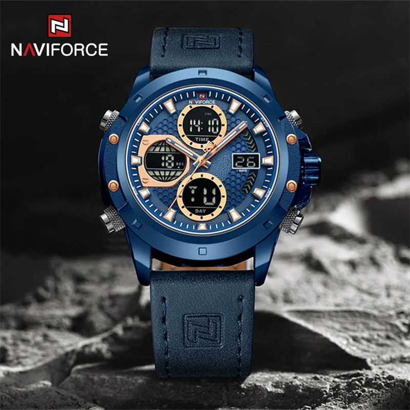 NAVIFORCE Brand Watch For Men LED Digital Quartz Wristwatches Genuine Leather Strap Waterproof Military Sport Clock Reloj Hombre