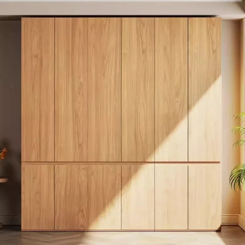 All solid wood oak wardrobe, bedroom household large capacity 18mm cabinet segmented small apartment log wind assembled