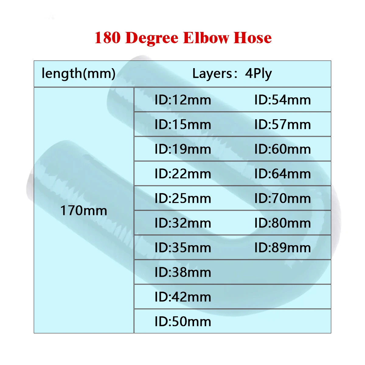 4PLY 170mm Length 180 Degree Elbow General Silicone Tubing Hose Connector Intercooler Turbo Air Intake Pipe Kit ID 12 15 19 mm