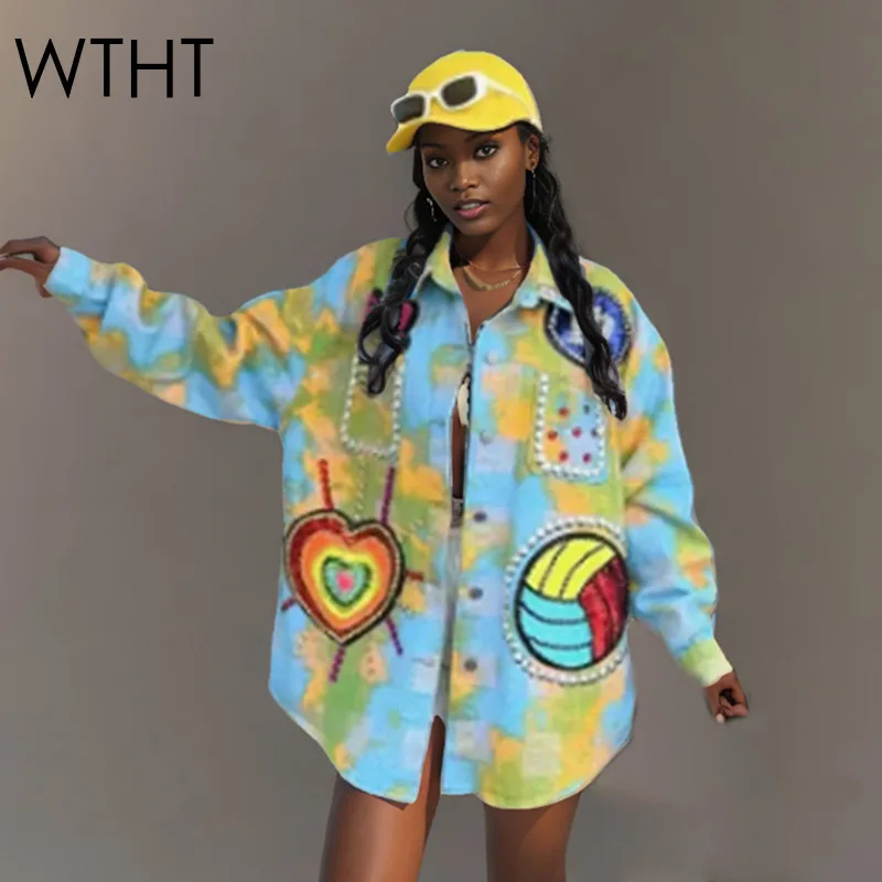 

WTHT Fashion Women Cartoon Color Print Beading Denim Shirts Trendy 2025 Summer Long Sleeve Single-breasted Blouse Female 1LS1560