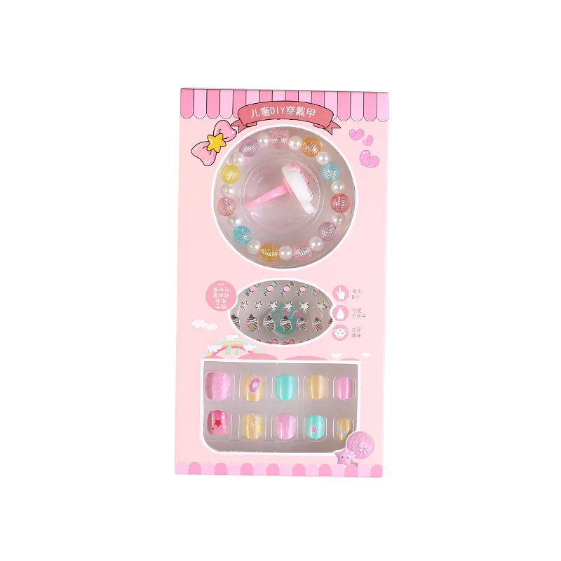 Faux Ongles Auto-Adhésifs avec Bracelet, Bande de Caoutchouc Autocollant, Anneau de Jouet Portable, Mignon, Kawaii Rose, pour Fille, 12 Pièces/Boîte