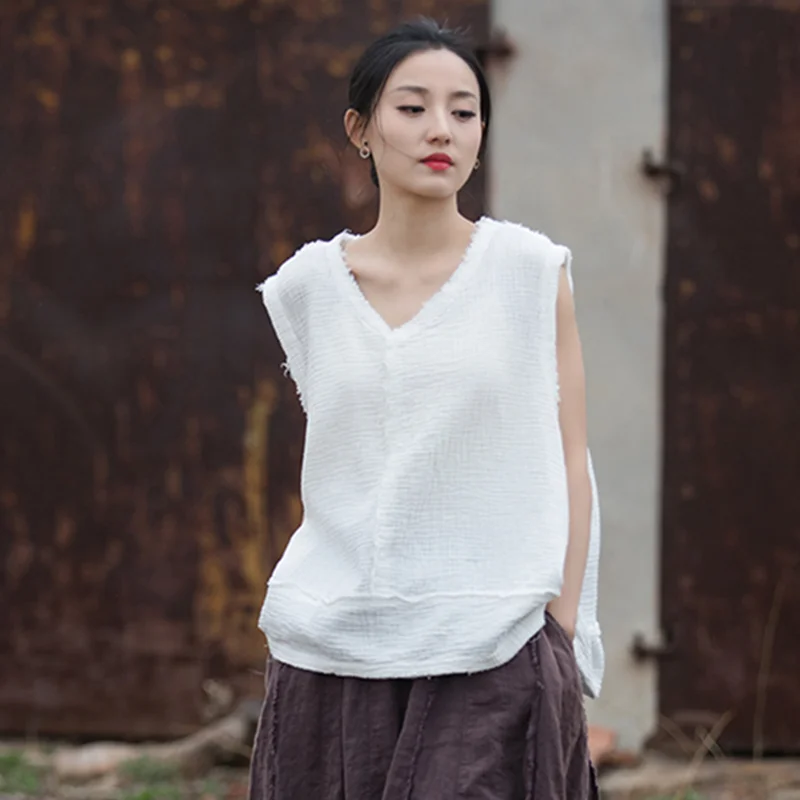 

Sleeveless T-shirts Vintage Clothes Blouses and Shirts Oversized T-shirt Women Clothes Women's Blouse Cotton and Linen