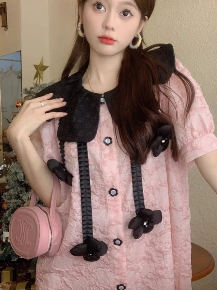 

Sweet Princ Sle Свободный крой Летнее платье для больших размеров Женское платье с высокой талией ор Све средней длины Розовый кукольный воротник Dr