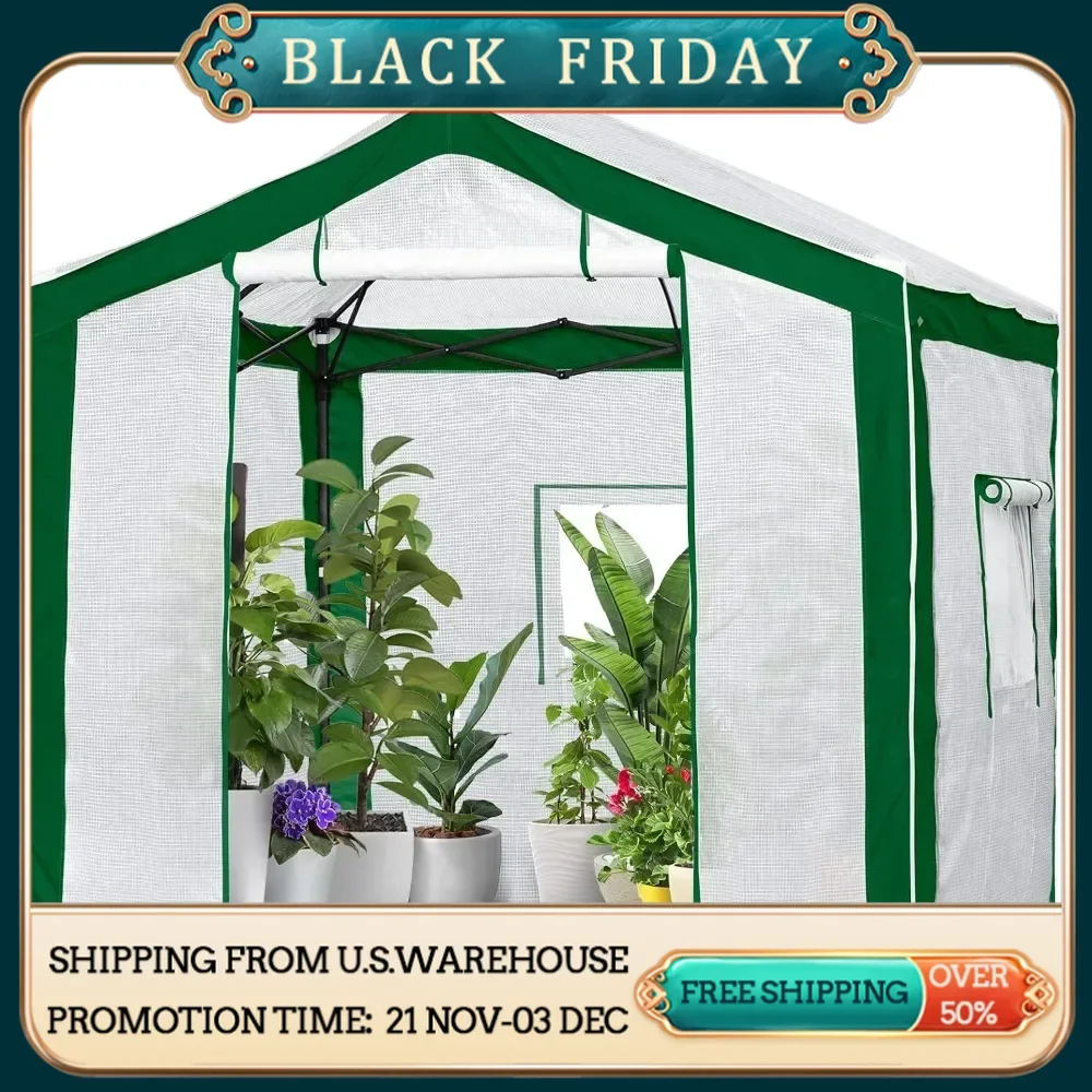 8x8 Green House Instant Pop Up Center Push Walk-in Greenhouse Roll-up Door 3 Roll-Up Mesh Windows UV Resistant Easy Setup