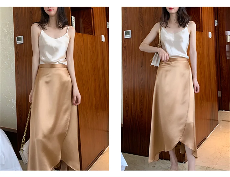 2026 Summer Lace-up One Piece Long Skirts High Waist A-Line Skirts Autumn Office Ladies Black Silk Satin Long Skirts Vestidos