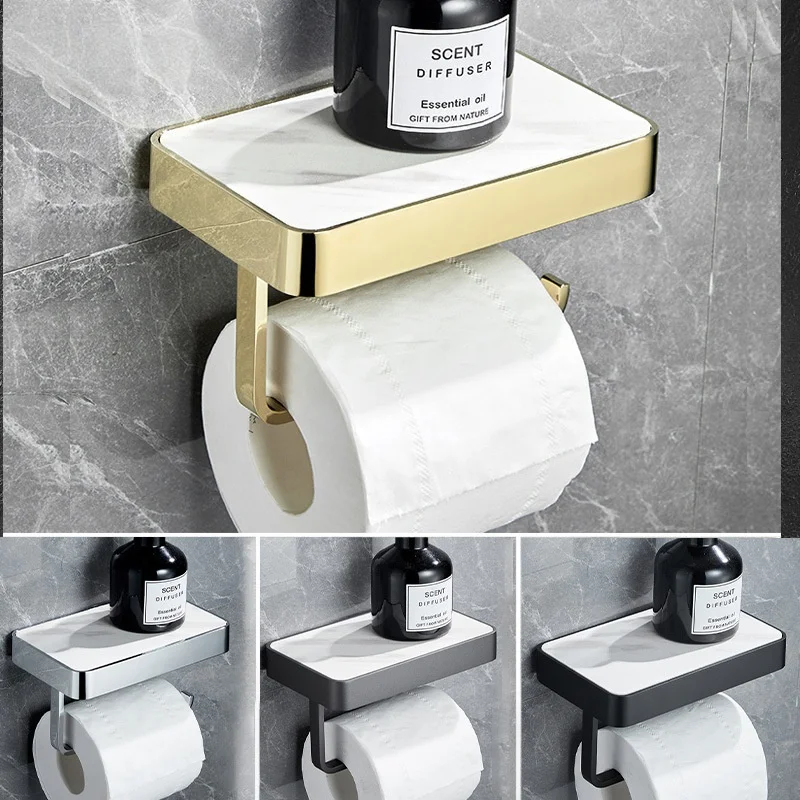 

Gold Toilet Paper Holder Wall Mounted Black Tissue Paper Holder Chrome Paper Roll Holder With Phone Storage Shelf