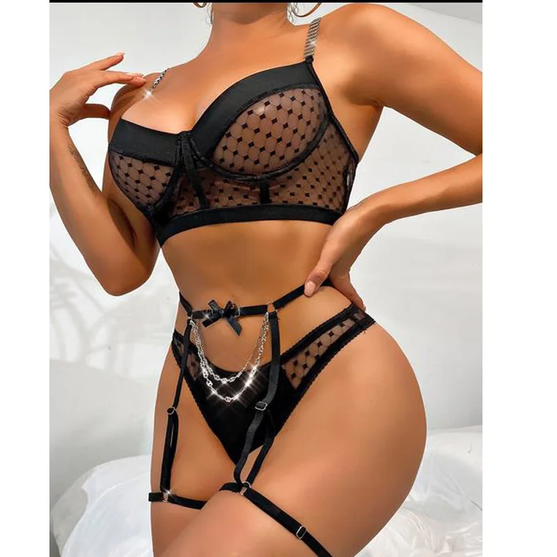 

Thin bra and panty set women's mesh feather stitching intimo donna three-piece set sexy suit metal chain hollow bow underwear