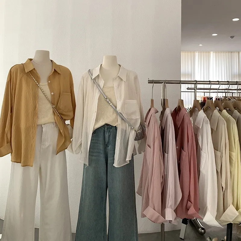 2 Pieces Set For Woman Blouse Summer Sets Turn Down Collar Blouses Long Sleeve Loose Fit Shirt Button Front Light Yellow Top