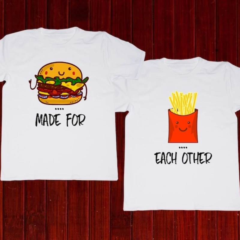 

Футболки Made for Each Other, одинаковые футболки для пар, гамбургер, картофель фри, Foodie, новинка, футболки для пар, юбилейная повседневная модная мягкая футболка